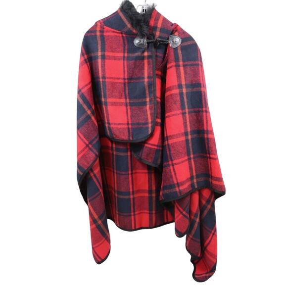 Jones New York Red Plaid Faux Fur Cape Coat One Size Cozy Winter Layer - Picture 1 of 4